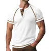 Herr t-skjortor Sommarmens vintage kortärmad v halsknapp Henley tee skjorta män mode randig jacquard lapptäcke t-shirt man
