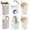 Unicorn Paper Candy Box Väskor med handtag Kraft Paper Presentpåse Popcorn Box Baby Shower Birthday Party Supplies Wedding Decor