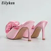 Eilyken Summer Fashion Silk Flower Peep Toe Teli alti Stripper Stripper Slip on Mule Slide Women Party Sandal Shoers Sexy 240329