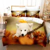 Hundtäcke täckning Set King/Queen Size, Lovely White Samoyed Mönster Polyester Bedding Set för Kids Boys Girls, med 1/2 kuddväskor