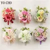 Yo Cho Bridesmaid poignet corsage fille bracelet artificiel de fleur de rose rose marié boutonnière de boutonnière hommes de boutonnière Boutonniere