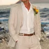 Beige Linen Wedding Suits for Men Beach 2 Pcs Groom Tuxedo Summer American Style Suit Jacket with Pants 240407