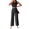 Women's Two Piece Pants 2 Pcs/Set Lady Short Vest Sleevless Lapel V Neck High Waist Wide Leg Belt Loose OL Commute Style Women Top Trousers