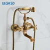Ulgksd Bathtub Duschkran Guld/ Antik/ brons mässing Handskår väggmontering Dual handtag Mixer Tap för badrumsbaddusch