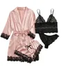 Frau Nachtwäsche 4pcs Blumenspitzen -Trimm -Satin -Pyjamas Set mit Robe sexy Faux Seiden Pijamas Robe Sets lässige Heimkleidung Nachtwäsche