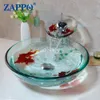 Zappo salle de bain art or or de verre treillis de lavabo en verre trempé Vanité Vessel lavabo bol avec des lavabos ronds du robinet en cascade