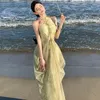 Casual Dresses Women's Summer 2024 Chiffon Stitching Mesh Dress Beach Elegant Party Vestidos Chinese Sexy Bamboo Hollow Neck Lady