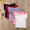 티셔츠 유아 유아 아기 소녀 TSHIRT 어린이 어린 소녀 티셔츠 솔리드 코튼 프린트 티셔츠 짧은 소매 어깨 티 1-6T 240410