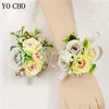 Yo Cho 신부 들러리 손목 Corsage Girl 팔찌 인공 실크 장미 꽃 신랑 BOUTONNIERE 단추 구멍 남자 웨딩 BOUTONNIERE