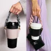 パールヒョウヒョウとポータブルガラス水ボトルケースコーヒーカップバッグ飲料カバーギフト付きのかわいいPUレザーミルクティーカップホルダー