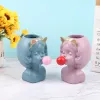 Cute Girl Bubble Gum Figurine Resin Flower Vase Decorative Plant Flower Pot Artificial Plant Pot Home Ornament Decor