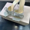 Cristal prateado brilhante embelezado Double Bow Praça do dedo do pé MAS MULAS NOITE SAPATOS NOITE STILETTO SALETTO SAPELO MULHERM LUZULAÇÃO DE LUZURYS Designers de sapatos de calcanhar
