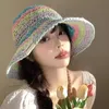 Korean Colorful Hollow Woven Straw Caps for Women Summer Seaside Beach Vacation Dopamine Sweet Versatile Sunscreen Bucket Hats240410