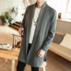 Herrgravrockar 2024 Spring och Autumn Cardigan kinesisk fast färg Retro Hanfu Coat Scarf Collar Mid-Längd Slim