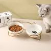 Ceramic Double Cat Food Bowl med Stand Dog Kitten Valp Matande Dish Metal Water Feater Fishbone Footprint Mönster Pet Supplies