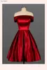 Party Dresses Sweet Memory D108 Off-Shoulder Dark Red Short Prom Sexig Girl Lady Satin Kne-Length Simple A-Line Wedding Dress