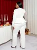 Women Plus Size Elegant Jumpsuit White Beaded Long Sleeve Tunics Wide Leg One Piece Outfits Rompers Curvy Ladies Chic Clothes 240410