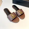 Designer Sandaler Luxury Slides Black Brown Green Flat Heels Leather Metallic Gold Letters Womens Ladies Slippers Mules Slides Summer Shoes 2024 Ja Sandale