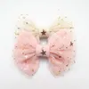 10pcs lot Fairy Girl Hair Bow Clip Gold Copper Star Pendant Light Pink Glitter Star Tulle Bow Knot Barrette Sweet Hairpin238j