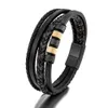 Simple Stainless Steel Leather Rope Bracelet Multi-layer Black Mens