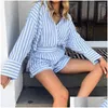 Kvinnor Tracksuits Spring Summer Long Sleeved Single Breasted Shirt Suit Casual Beach Shorts Outfits Enkel randig tryckt 2 -stycken DRO DHSP1