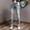 Herren Jeans Modedesigner Männer Retro gewaschen hellblau elastischer Stretch Slim Fit Ripped Printd Vintage Jeanshose Hombre