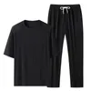 Men's Tracksuits Men Suit O-neck Short Sleeve T-shirt Pants Set Drawstring Wide Leg Long Solid Color Casual Sports Outfit Activewear