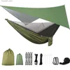 Hängmattor Camping Hanger Portable Single Double Nylon Parachute Hanger med regnrock Vattentät oljetyg och myggnät Tält Trädband