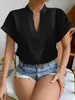 Blouses de femmes Femme V cou Bouton à manches courtes Bouton Solide Loose Loose Summer Femelle Ol Business Tops Sze-St23012