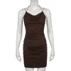 Casual Dresses Summer Spaghetti Straps Sinny Pleated Short Tight Dress Solid Brown Women Sexig Slimming Drape Collar