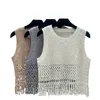 Summer Hollow Knit Vest Designer Sequin Fringe Knitted Camisole Women Knits Tee Crew Neck Solid Color Knit Tops Casual Knit T Shirt