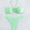 2024 Nya bikini baddräkt grön split rem hängande hals sexig baddräkt för kvinnor