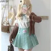 Robes de travail Pink Plaid Lolita Jupe Set Femmes Kawaii Ruffles Bandage Cartoon Bear Print Camis Top Pleed Mini jupes Japon Sweet Sweet