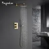 Bursh Gold Thermostatic Shower Faucet Set Bathroom System With Rain Handheld Wall Mount Luxury Mixer Tap With Conceal Diverter