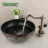 Yanksmart Art Round Ceramic Vessel Badrum Bassäng Sänkor Antika mässingskranar Kit Kallt och varmt mixervattenkran med pop-up-dränering