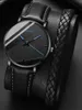 Нарученные часы 2pcs watch Men Men Fashion Black Quartz Luxury Men's For Pu мужские часы Relogio Masculino