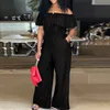 Plus Size Denim Jumpsuit Women Off Shoulder Ruffles Trousers Casual Straight Leg Wide Pants Summer Elegant Clothing 240410