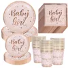 Rose Gold Baby Girl Drucken Herz Punkt Einweggeschirr Set Papierschalter Babyparty Geburtstagsfeier Dekoration