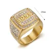 Hip Hop Square Stainless Steel BOSS Letter Casting Ring Real Gold Plated Jewelry