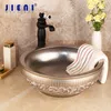 JIENI Silver Bathroom Bowl Sink Ceramic Washbasin Set Hand Painting Lavatory Bath Basin Combine & Brass Black Faucet Mixer Tap