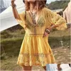 Womens Swimwear Bikini Er Up Lace Hollow Out Summer See Through Sun Protection Tunic For Beach Boho Beachwear Solid Dresses Drop Deliv Dhbrd