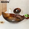 Monite Leaf Chrome Waterfall Tap Washbasin Tempered Glass Hand-Painted Waterfall Lavatory Bathroom Sink Brass Faucet Mixer
