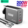 200W Charger mural USB-C GAN, 4 ports USB Fast Charge PD100W PPS 45W SCP QC5.0 pour ordinateur portable MacBook, ThinkPad, Yoga, Dell, iPhone 13