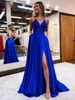 Deep V Neck Royal Blue Evening Dresses 2023 Satin Long Flit anteriore sexy Front Front Slitto Applique APPLICATO CAPPEGGIO FORMALE FORMALE