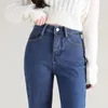 Jeans pour femmes femmes thermiques harem chaud peluche haute taille stretch vintage bleu hiver street streetwear pantalon droit pantalon filles pantalon