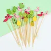 100st Hawaiian Tropical Toothpick Flamingo Palm Leaf Bamboo Pick Dessert Stick Cocktail Fruit Fork For Summer Beach Party Decor