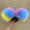 Sneakers Summer Kids Fur Slippers Fluffy Raccoon Fur Slides Toddler Furry Fox Fur Flip Flops Children Rainbow Fur Sandal Girls Flat Shoes