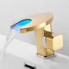 BAKALA Brass Waterfall LED Bathroom Basin Faucet Cold Hot Mixer Crane Sink Tap Black Color Change Powered by Water Flow