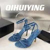 Sandalen 2024 Qihuiying Handmade Demin enkelstrap open-teen dunne hiel vrouw stiletto dames bruiloft nachtclub zapatos de mujer