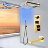 Golden Polished Digitail Display Bath Shower Facet Rainfall LED 3 -VÄG BADRUM Duschsystem Set Triple Way LCD Mixer Valve